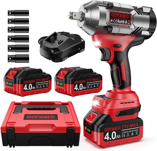 Slagschroevendraaier, Slagschroevendraaier accu 1490N.m, 2x 4000mAh batterij & 6 dopsleutels rood