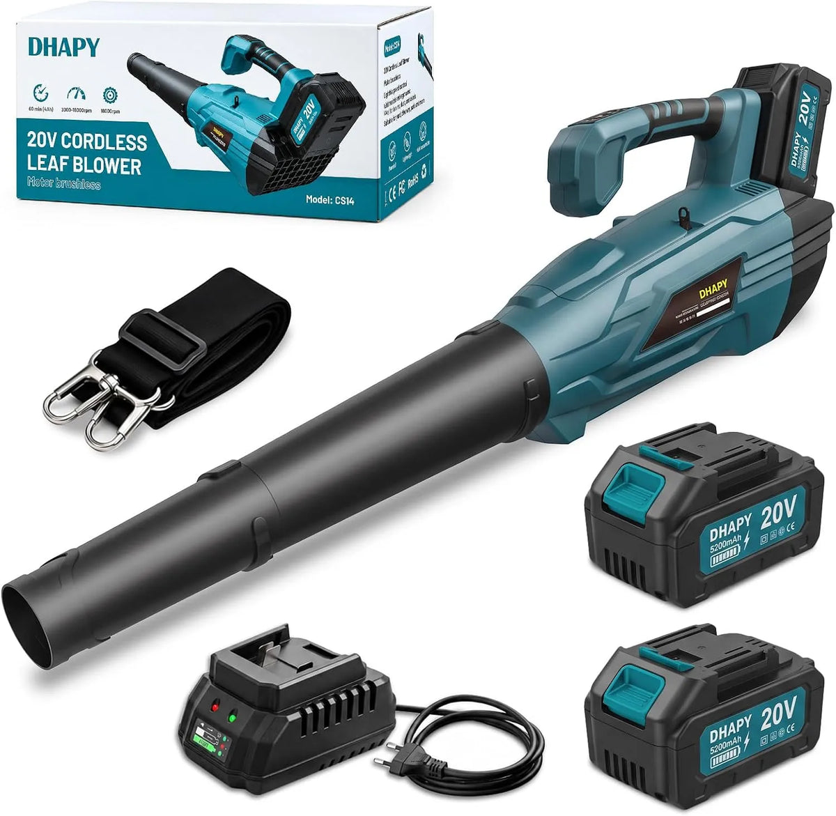 Bladblazer, Dhapy, 2 × 5,2 Ah en oplader, 830 m3/h, Inhoud van de levering: 1 ×