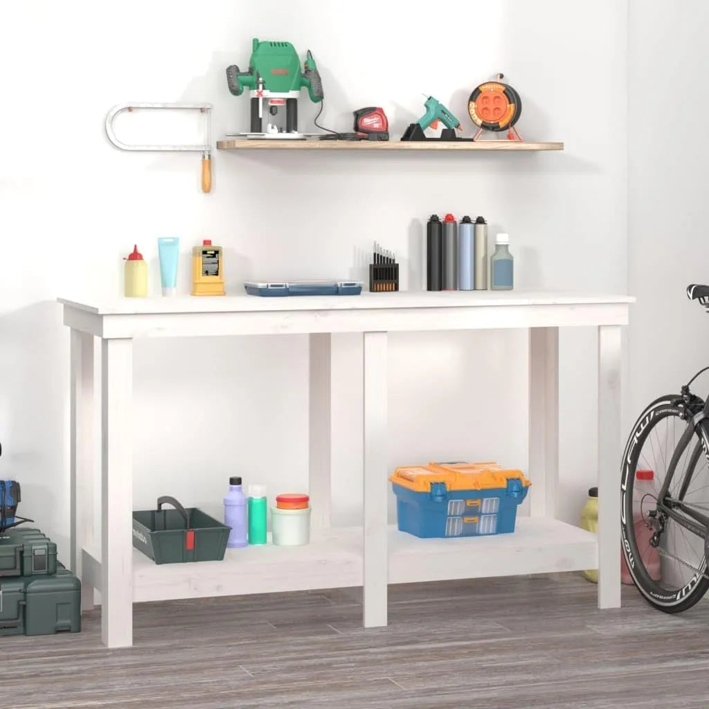 Robuuste werkbank met legplank van massief grenenhout met 140 x 50 x 80 cm en wit