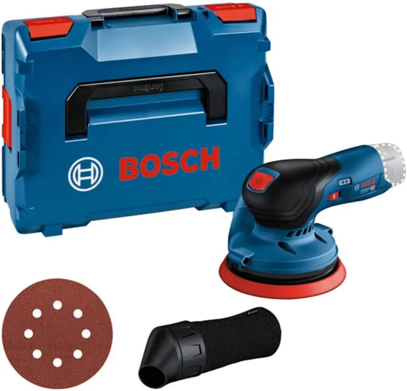 Lader, Bosch Professional, 125 mm, 1x schuurpapier, zonder accu's en oplader, in L-BOXX 136, stofzak, 12V