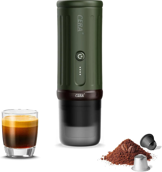 Espressomachine, 5-8 kopjes per lading, zelfverwarmend 20 bar, CERA+ Draagbare espressomachine, NS-pods en gemalen koffie, CERApresso