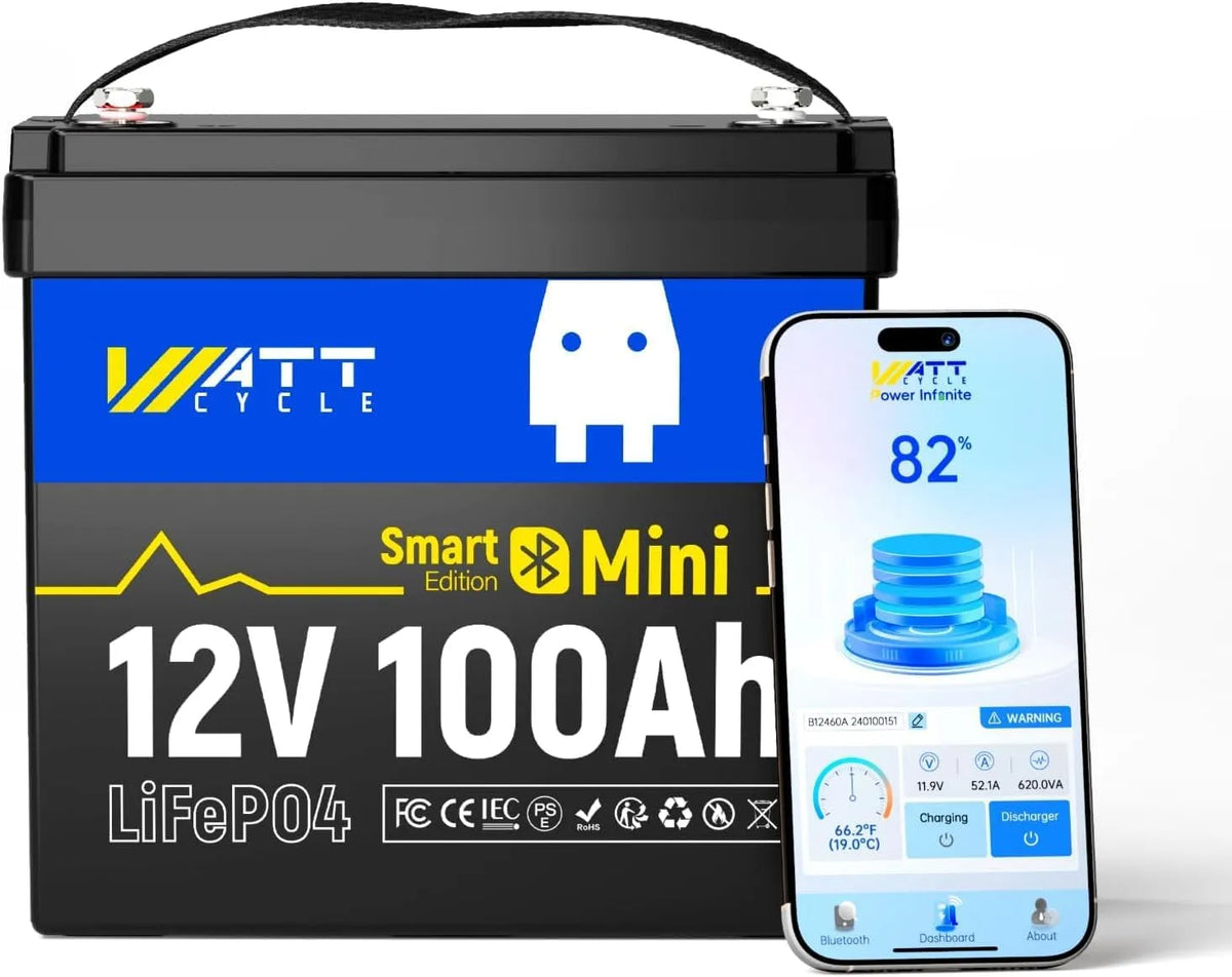 WattCycle 12V 100Ah Mini LiFePO4 Accu met Bluetooth LiFePO4 met 12V, 1280Wh en Bluetooth