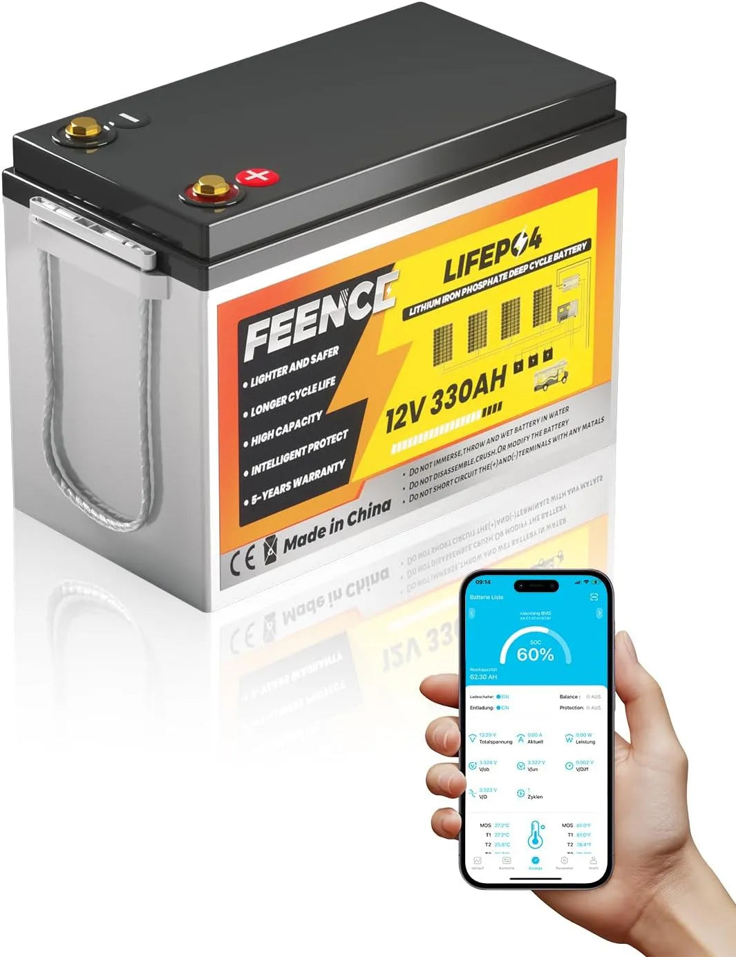 LiFePO4 lithiumbatterij LiFePO4 met 12 V, 330 Ah, 200 A, 4224 Wh, 20 °C en zonne-energie