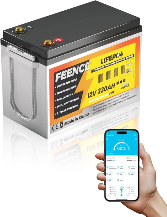 LiFePO4 lithiumbatterij LiFePO4 met 12 V, 330 Ah, 200 A, 4224 Wh, 20 °C en zonne-energie