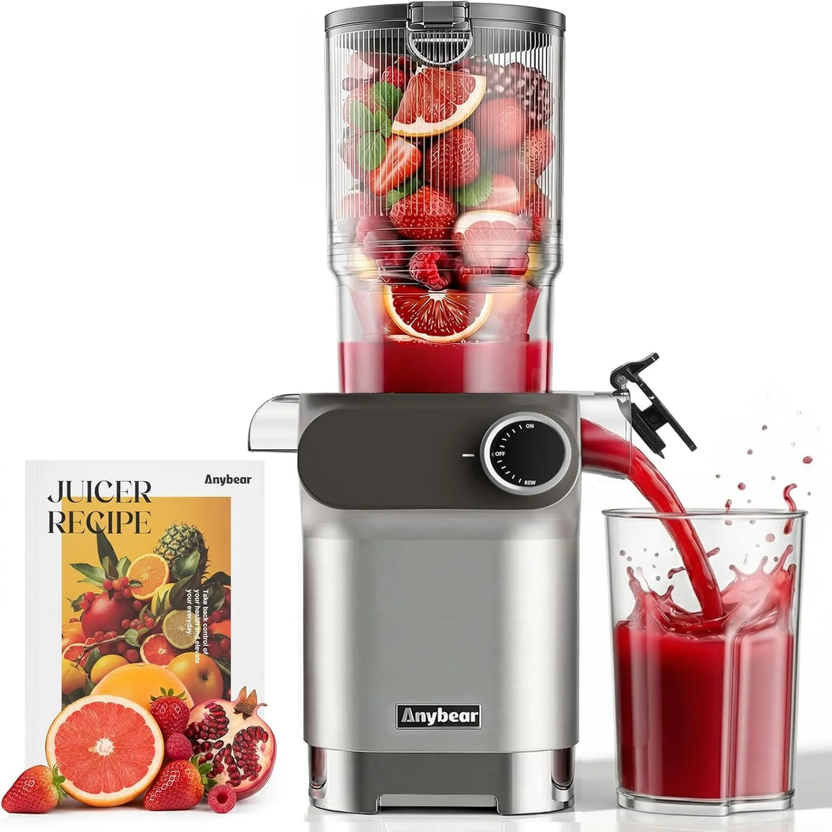 Anybear Sapcentrifuge 200 W Slow Juicer met 200 W, 110mm, 24 uur, 8 uur, waterreservoir en RVS