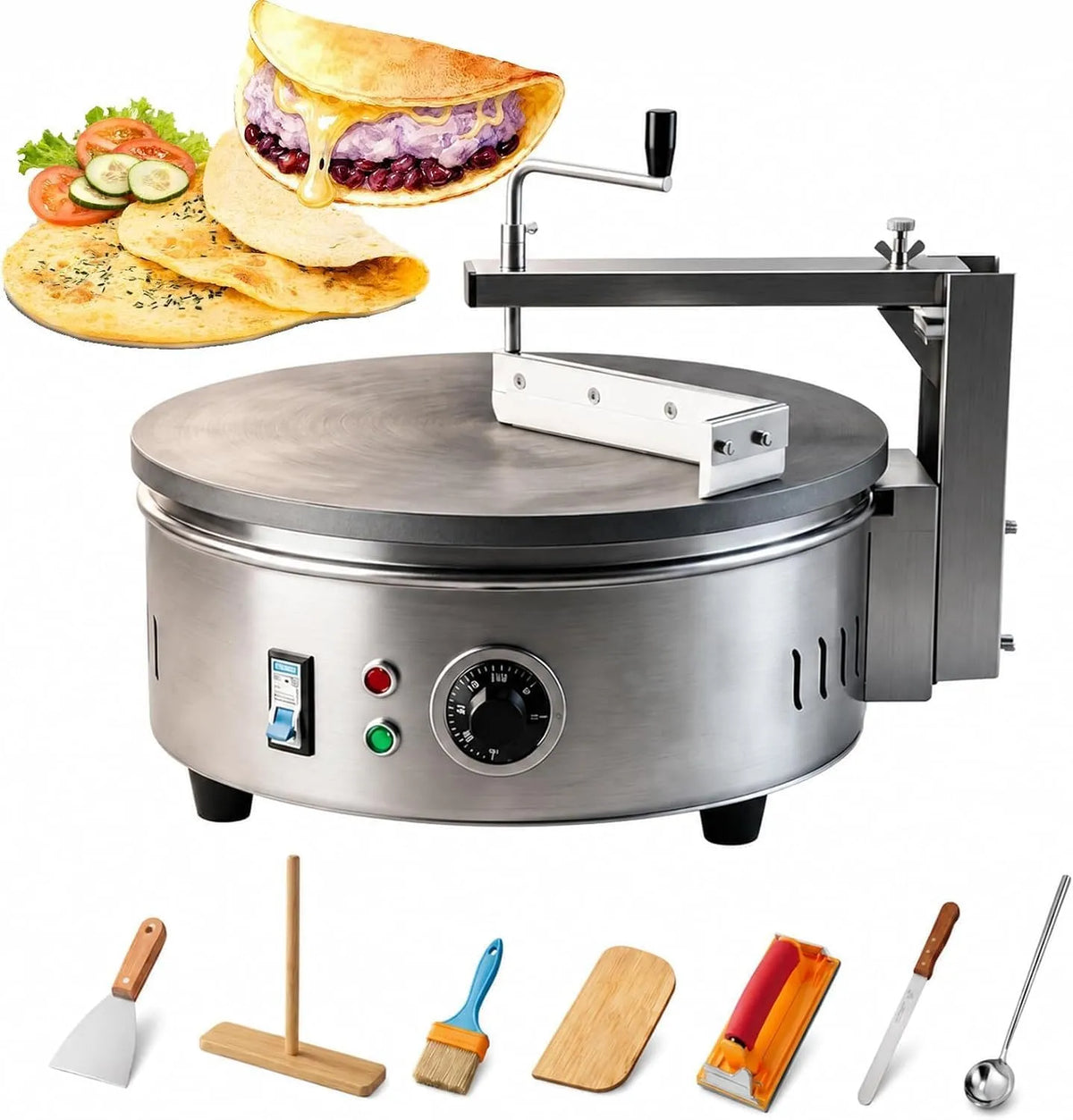 Commerciële elektrische crêpe-maker 220V met 220V, 40 cm, regelbare thermostaat, RVS en 7 accessoires