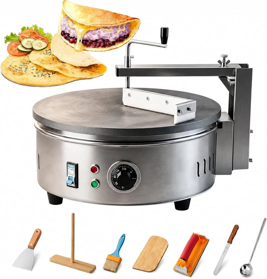 Commerciële elektrische crêpe-maker 220V met 220V, 40 cm, regelbare thermostaat, RVS en 7 accessoires