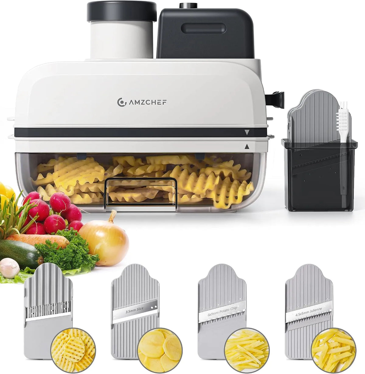Snijder met 5-in-1, 37,5 x 28,4 x 15,9 cm, RVS en wit, 5-in-1 Wafelfrietsnijder