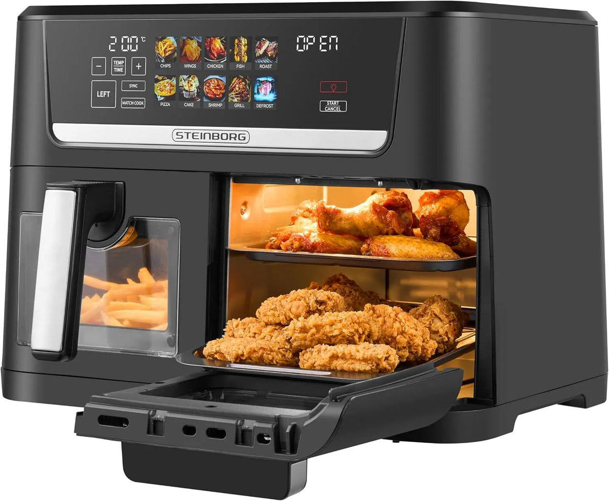 Airfryer, 6 l, 1700 W, 10 programma's 60 tot 200 °C, digitaal display, zonder olie, mand, 8 l