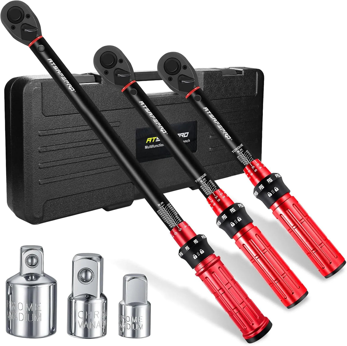 Momentsleutel, 1/2 inch, dubbele richting 72 tanden met 1/4' op 3/8' op 1/2'' drie adapters