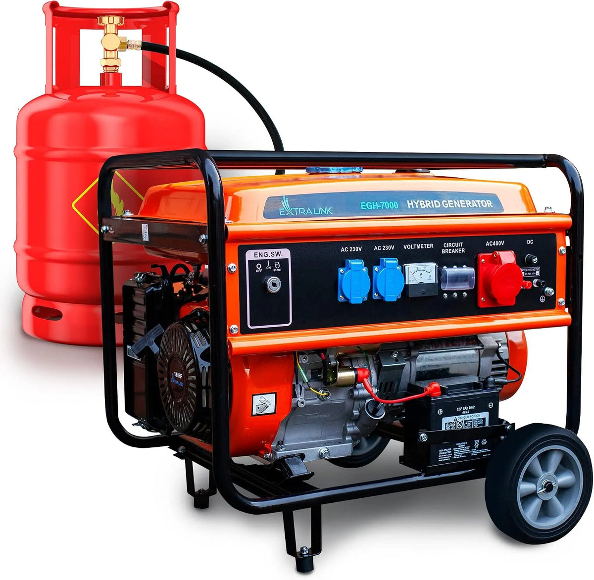 Generator, EGH-7000, 7 kW, 3F generator, tankinhoud 25 l, 2 x AC 230 V, hybride gas, LPG CNG, benzine, stroomgenerator
