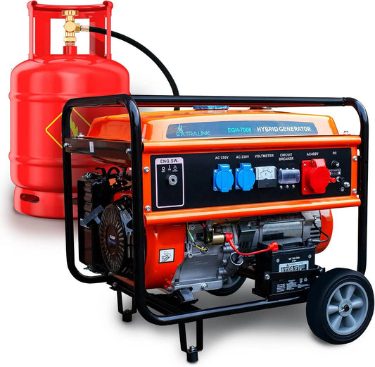 Generator, EGH-7000, 7 kW, 3F generator, tankinhoud 25 l, 2 x AC 230 V, hybride gas, LPG CNG, benzine, stroomgenerator