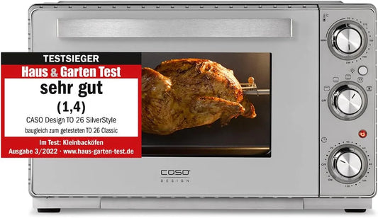 Inbouwoven, 70-230 °C, CASO TO 26 SilverStyle, 26 liter ovenruimte, 3 inschuifniveaus, 5-voudige functie: hete lucht, Design oven, incl. pizzasteen