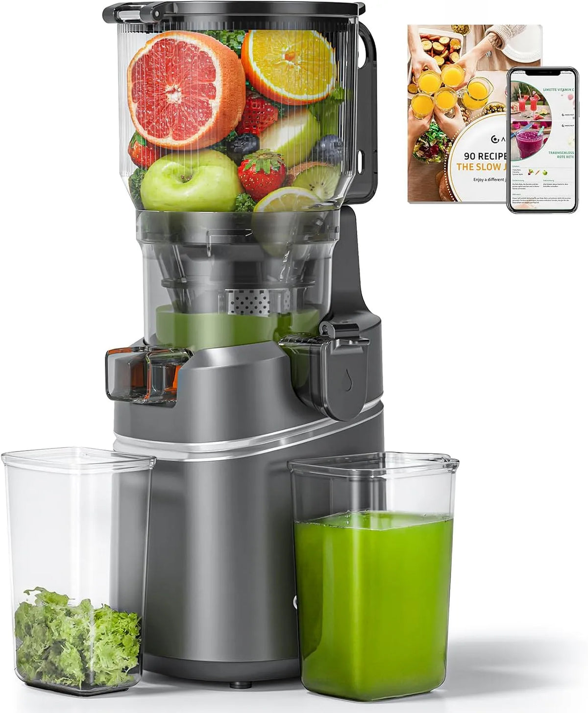 AMZCHEF Slow Juicer 250 W, met drievoudig filter, 150 mm, grijs