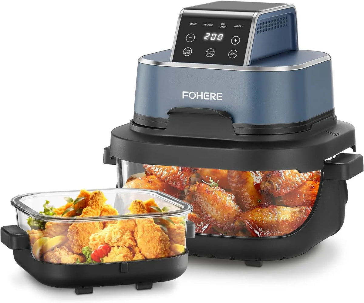 Airfryer, FOHERE Draagbare, 4 L & 1,5 L, 6 porties, 2x uitneembare glazen bakjes & deksel, Recrisp, Max Crisp, ruimtebesparend ontwerp, Blauw, 4-in-1