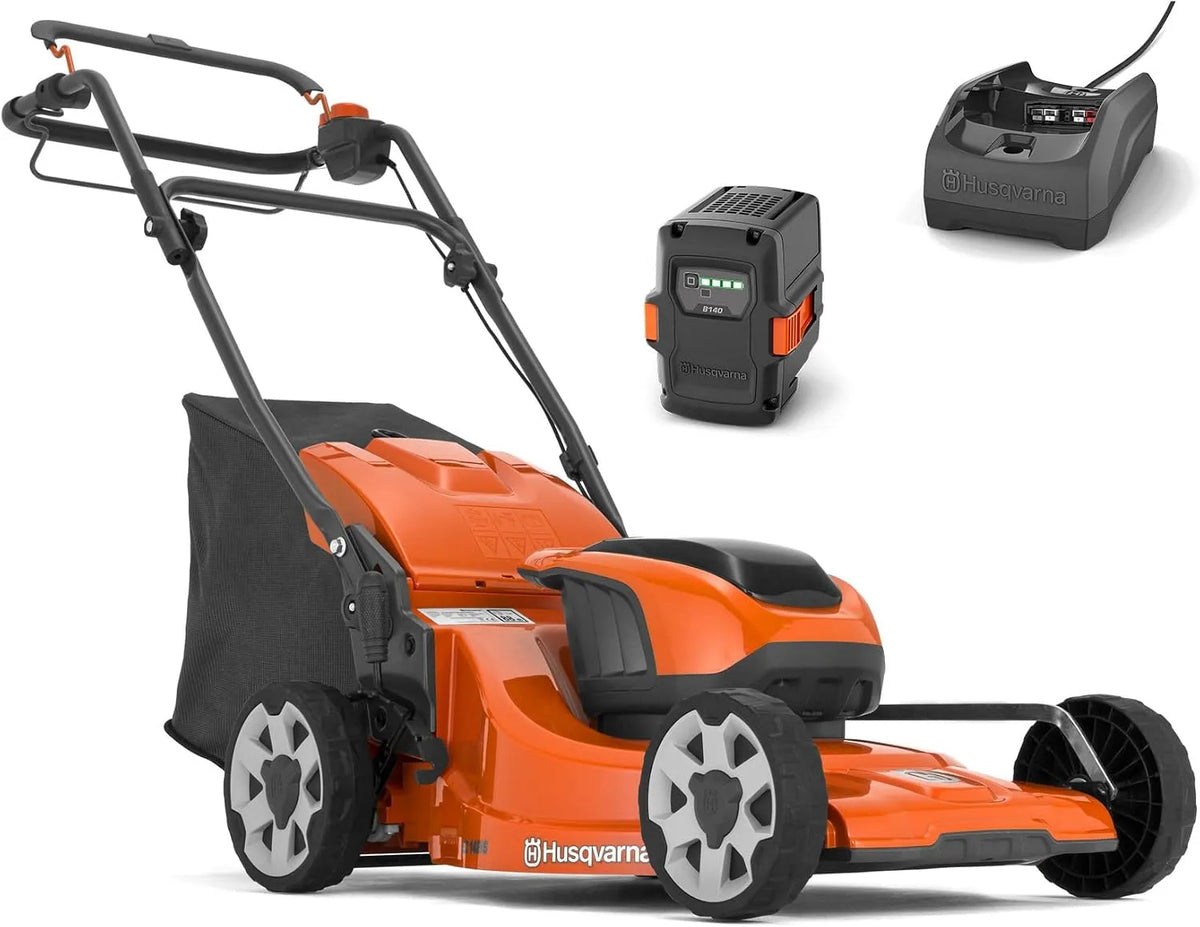 Grasmaaier, Husqvarna, geluidsarme werking, een zelfrijdende accu-grasmaaier met 42 cm