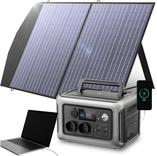 Overlevingsset EU 2025, draagbare zonnegenerator R600 met 1200 W, 28,5 x 19,5 x 19 cm, 299 Wh, 1800 W, 100 W, 72 uur, 60 W en 1 uur