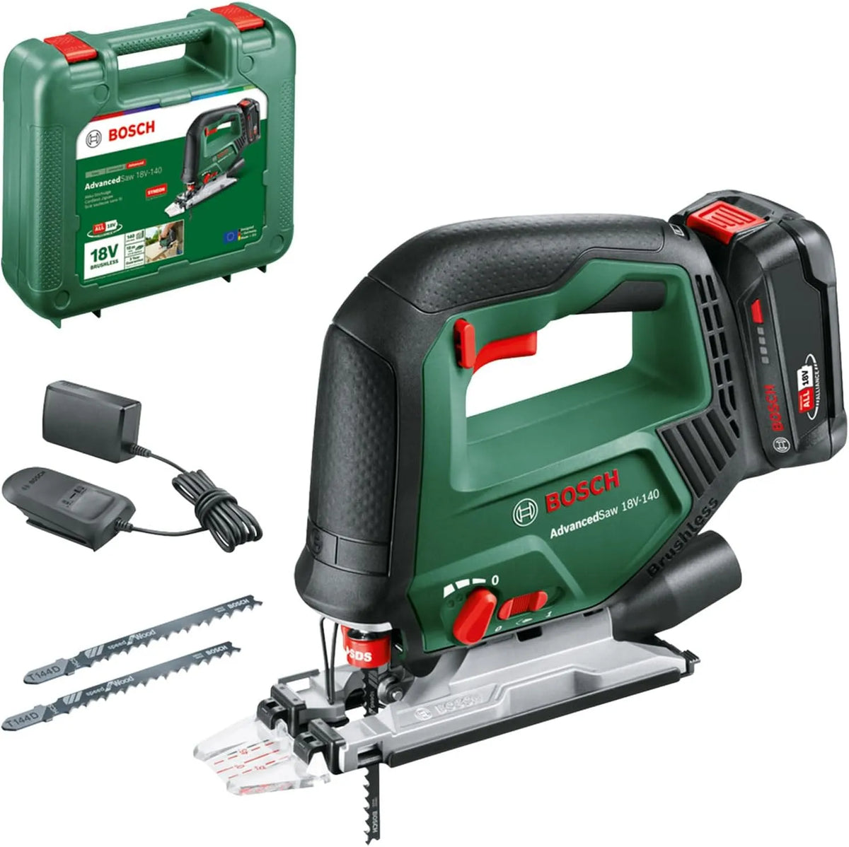 Lader, Bosch accudecoupeerzaag, 3 x zaagblad, 18V System, met 2,0 Ah accu en oplader, borstelloze motor, in koffer, zaagdiepte in