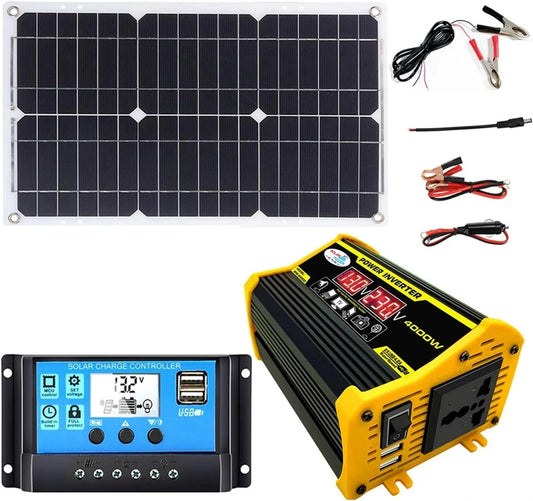 Spanningsomvormer, 4000 W 12V Naar 110V/220V Zonne-omvormer Kit, Zonnestroomsysteem Voor Thuis Met 30A Controller, 18 W 12V Zonnepaneel, Camping zwart