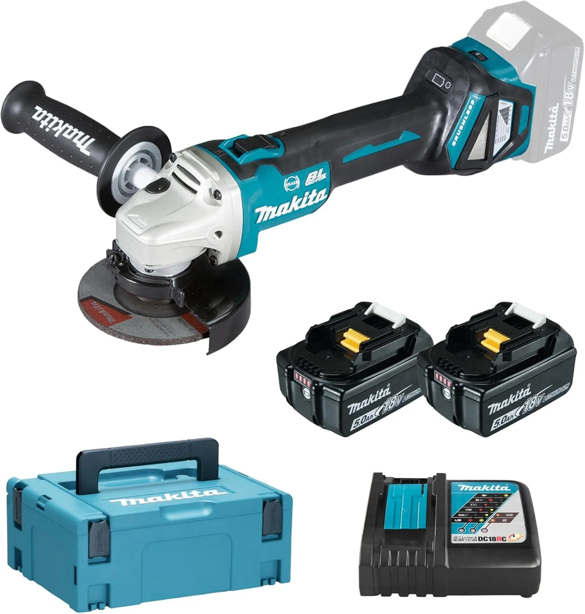 Makita Haakse slijper DGA513RTJ met 18 V en 0 Ah, 2 accu's + oplader in MAKPAC